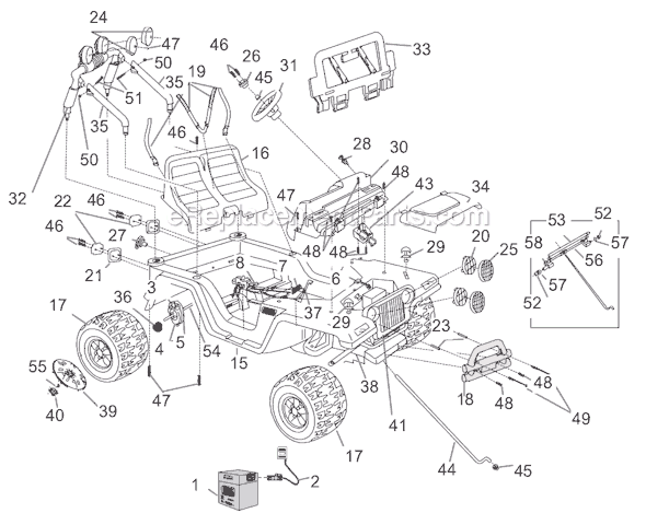 Page A Diagram and Parts List for B7659  Power Wheels Ride-On Cars